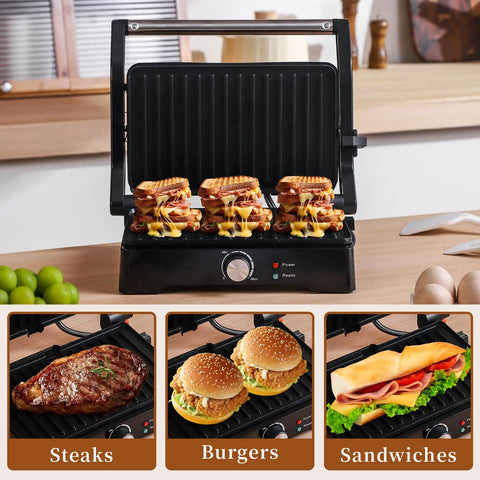 Big Panini Press Grill Sandwich Maker 3 In 1 Opens Flat To 180 Degrees showing grilled sandwiches and burgers on nonstick plates.