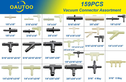 Assortment of automotive vacuum connector kit pieces in various sizes from 1/8 to 3/8 inches for cars and trucks, 159 pieces by OAUTOO.