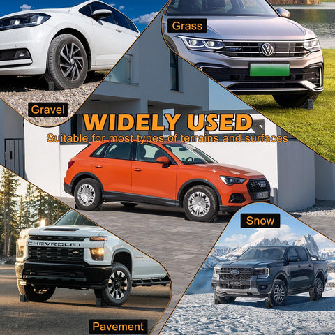 Image showing various cars on different terrains labeled as gravel, grass, pavement, and snow, highlighting versatile use.