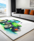Farm Tractor Themed Area Rug 3 Ft By 5 Ft White Machine Washable Carpet in living room with sofa and outdoor view