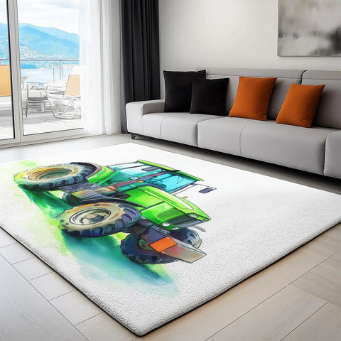 Farm Tractor Themed Area Rug 3 Ft By 5 Ft White Machine Washable Carpet in living room with sofa and outdoor view