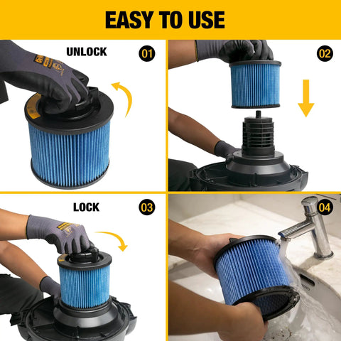 Four-step installation and cleaning of High Efficiency Vacuum Filter Replacement For 4 To 5 Gallon Wet Dry Shop Vacs.