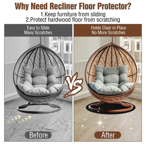 Two Piece Non Slip Diatomite Recliner Floor Protectors for Hardwood Floors under a swivel chair, before and after use, showing scratch prevention.