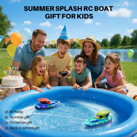 Family enjoying Dual RC Boat Battle Pack For Kids 8 To 12 With LED Lights in backyard inflatable pool, summer gift idea