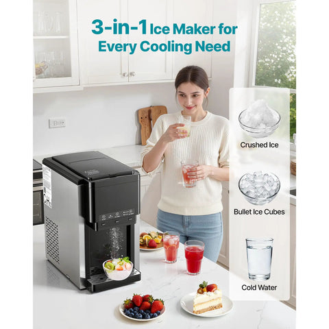 Effortless Countertop Water Dispenser And Rapid Ice Maker Cranking Out 35 Pounds Daily With Fresh Ice Cubes And Crushed Cut For Cold Water On Tap Perfect For Home Kitchen Or Party Prep showcased with drinks and ice variety.