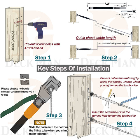 Installation steps for Adjustable Angle Marine Grade T316 Stainless Steel Cable Railing Kit For Wood Posts One Eighth Inch Cable