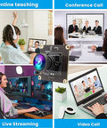 Collage featuring 1080P 120FPS USB Camera Module For Your Computer Setup With 12MP IMX577 Sensor 100 Degree Wide Angle Lens in various uses like online teaching, conference calls, live streaming, and video calls.