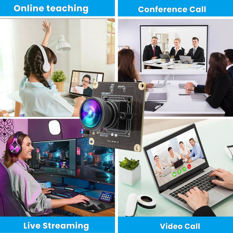 Collage featuring 1080P 120FPS USB Camera Module For Your Computer Setup With 12MP IMX577 Sensor 100 Degree Wide Angle Lens in various uses like online teaching, conference calls, live streaming, and video calls.