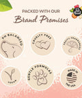 Promotional image highlighting brand promises for Hassle Free Dry Dog Shampoo Peach Scent Spot Wash For Pooches On The Go.