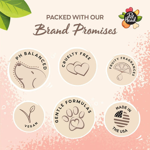 Promotional image highlighting brand promises for Hassle Free Dry Dog Shampoo Peach Scent Spot Wash For Pooches On The Go.