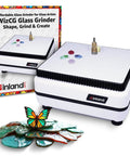 Stained Glass Grinder For Shaping And Drilling With Dual Bit Gear Using Three Quarter Inch And One Quarter Inch Diamond Grinding Bits pictured with colorful stained glass pieces and packaging.
