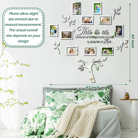 Family Tree Wall Decor 3D Mirror Sticker Kit With Photo Frames And Acrylic Tree Decal Removable Wall Art This Is Us Quote 47 Inch