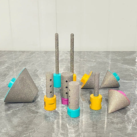 Pro Grade Diamond Beveling Chamfer Bits For Countersinking And Enlarge Holes In Tile Marble Glass Granite Ceramic 27mm To 82mm Dia With 5 8 By 11 Threads Blue on marble surface