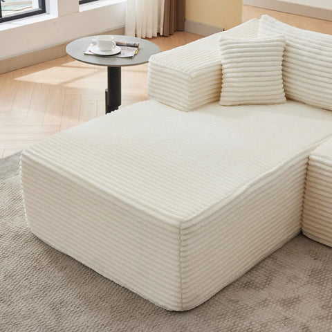 No Fuss 107 Inch Modular Sofa Set Of 2 With Left Facing Chaise, White Corduroy Fabric, No Assembly Required, L Shaped Recliner, Headrests