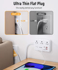 Heavy Hitter Power Strip Surge Protector With Six Wide Spread Outlet Plugs And Four Fast Charge USB Ports Including Dual Type C Inputs, showcasing ultra thin flat plug behind furniture.