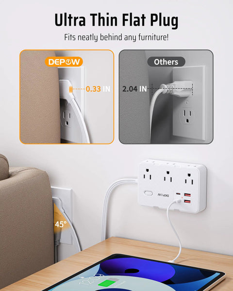 Heavy Hitter Power Strip Surge Protector With Six Wide Spread Outlet Plugs And Four Fast Charge USB Ports Including Dual Type C Inputs, showcasing ultra thin flat plug behind furniture.