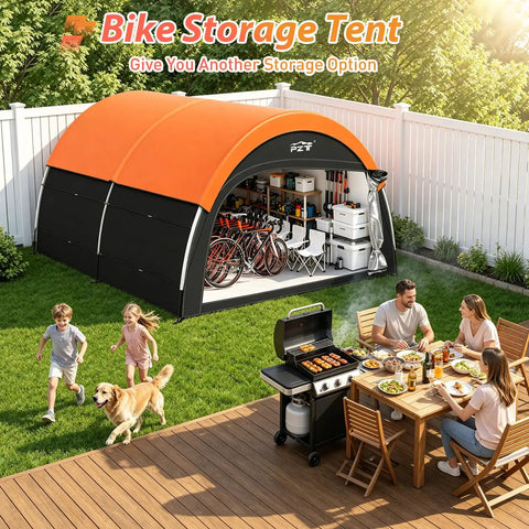 Upgraded Heavy Duty Bike Tent With Rain Cover Outdoor Storage Shed That Fits 8 To 10 Bikes or 5 To 7 Electric Bikes in garden setup