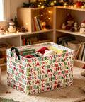 Slick Rectangular Storage Basket Waterproof Canvas Bin Collapsible Christmas Gift Organizer And Room Decor with festive design and filled with items.