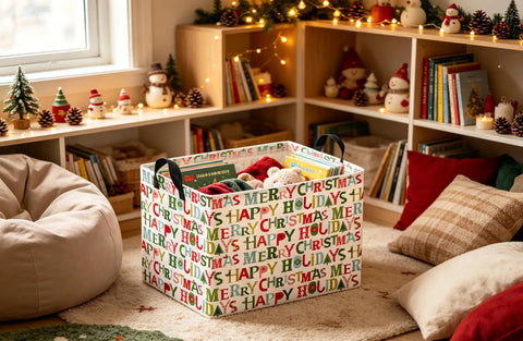 Slick Rectangular Storage Basket Waterproof Canvas Bin Collapsible Christmas Gift Organizer And Room Decor with festive design and filled with items.