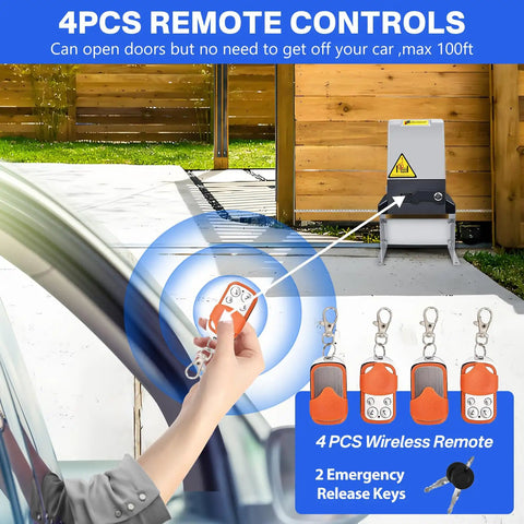 Heavy Duty 4400lb Automatic Sliding Gate Opener Kit With APP Control 750W Motor Remote Kit shown with remotes and keys