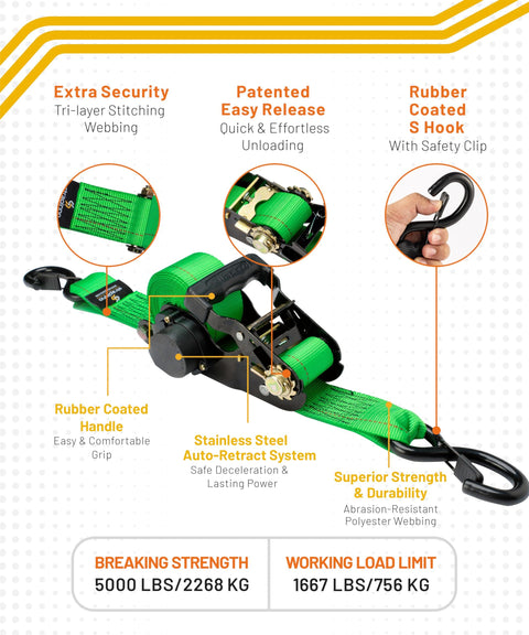 Beefy Retractable Ratchet Tie-Down Straps With 5,000 Lbs Breaking Strength, 2 Inch Wide By 12 Foot Long, features and highlights