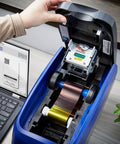 Inside view of Dual Sided ID Card Printer Delivering Automatic Feeding, showcasing ribbon and printing mechanism.