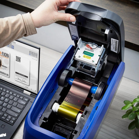Inside view of Dual Sided ID Card Printer Delivering Automatic Feeding, showcasing ribbon and printing mechanism.