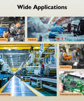 Collage showing electronics manufacturing, medical lab work, an industrial plant, machinery, and precision instruments.