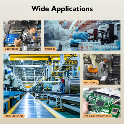 Collage showing electronics manufacturing, medical lab work, an industrial plant, machinery, and precision instruments.