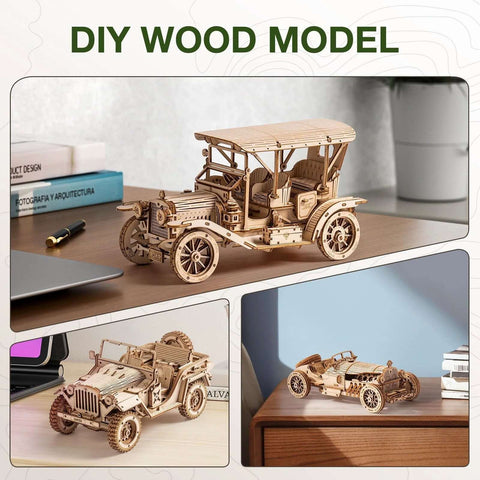 Rowood 6-pack walnut plywood wooden car models; unfinished 1/4-inch plywood for laser-cut DIY crafts collage