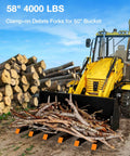 Clamp On Debris Forks For 58 Inch Pallet Forks, 4000 Lbs Capacity, attached to yellow tractor holding branches