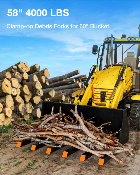 Clamp On Debris Forks For 58 Inch Pallet Forks, 4000 Lbs Capacity, attached to yellow tractor holding branches