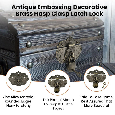 Old School Vintage Hasp And Padlock Set Bronze Zinc Alloy Decorative Latch Kit For Antique Jewelry Boxes Tool Chests And Rugged Suitcases Featuring Bear Shaped Tumbler on wooden box