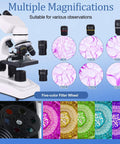 40X To 2500X Binocular Microscope For Adults And Kids With Mechanical Stage And Slides Kit And Phone Holder Ideal For School Lab Or Home Science Clear Optics And Multi Magnification For Pros And Newbies, showing microscope, filter wheel, and magnification examples.