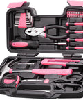 39 Piece Pink Household Tool Set with Storage Case for Home DIY Projects includes hammer, pliers, screwdrivers, tape measure