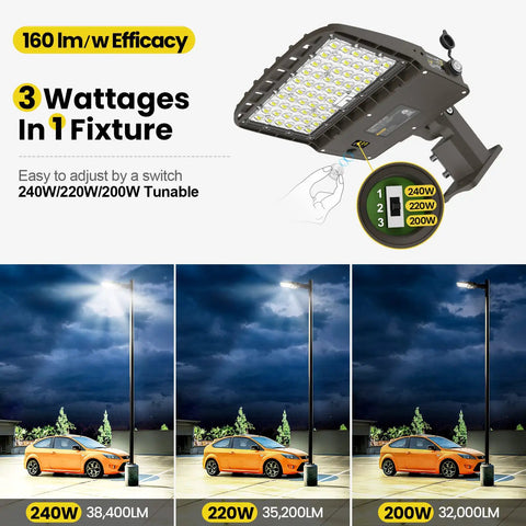 Switchable 200W 220W 240W LED Parking Lot Light illuminating plaza with three brightness settings at night
