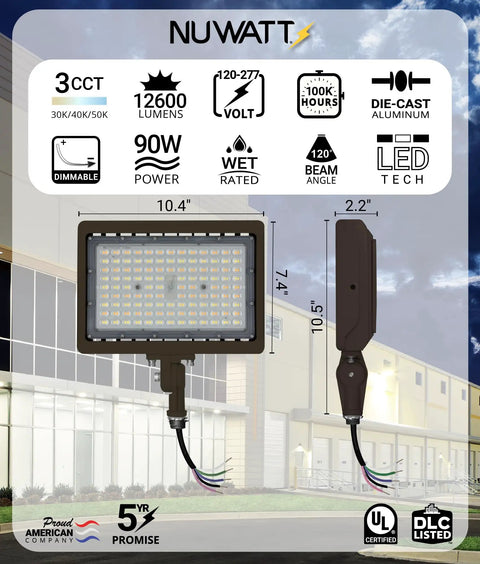 Front and side view of 90W LED Flood Light With 3CCT 3000K 4000K 5000K Selectable, IP65 Waterproof Outdoor Security Floodlight, showing adjustable knuckle mount.