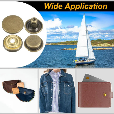 Rugged As Heck Brass Snap Button Fastener Kit For Leather And Canvas Gear 24 Pack Of 20Mm Bronze Press Studs With Easy Grip Hand Tools For Jackets Coats And Bags displayed with clothing and a sailboat.