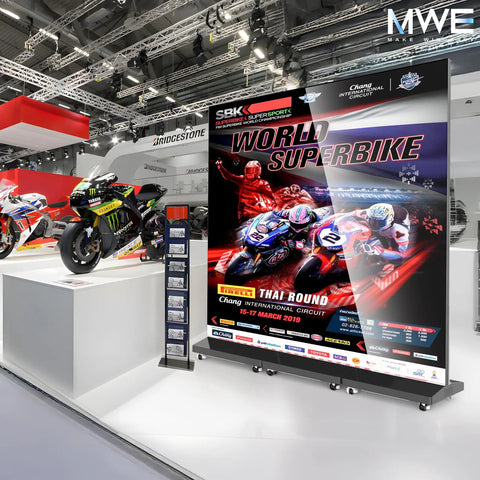 Hella Crisp 80 Inch Led Digital Signage Display Ready To Roll With Foldable Seamless Stitch Panels And Sleek P1.86 Gob Screen Module Turnkey Commercial Advertising Kiosk With Hard Flight Case For Events Or Weddings Black Pair in a trade show setting with motorcycles.