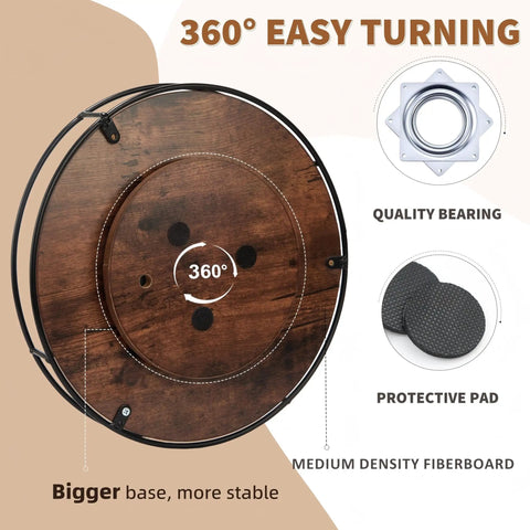 360° view of 12 Inch Lazy Susan Slick Counter Turntable Kitchen Spice Rack Rustic Brown Wood with quality bearing and protective pad.