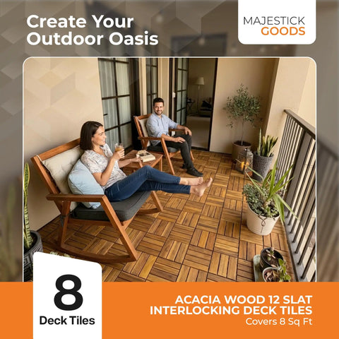 Couple relaxing on patio with Durable Acacia Hardwood Interlocking Deck Tiles For Patios And Walkways Snap Together No Tools Required