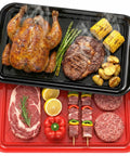 Stackable Grilling Prep And Serving Trays Set Of 2 Plastic BBQ Trays For Raw And Cooked Food Dishwasher Safe 17 By 10.5 Inches Outdoor Cooking Accessories For Parties Red And Black displaying food separation