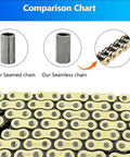 Heavy Duty 428H Dirt Bike Chain Kit With 130 Links And 6 Master Links Plus Chain Breaker showing seamless chain comparison