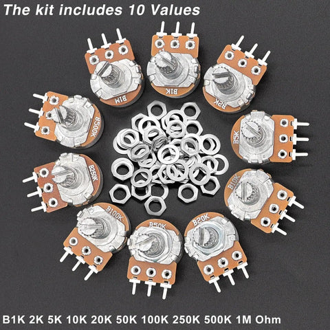 Must Have All In One Potentiometer Kit With Rotary Knobs And WH148 Linear Pots 1K To 1M Ohm 40 Value Assortment, nuts, washers