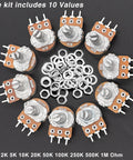 200 Piece Potentiometer Kit With Rotary Knobs And Nuts Washers For WH148 B Type Single Linear Taper 5K 10K 20K 50K 100K 250K 500K 1M Ohm Potentiometers For Audio Projects