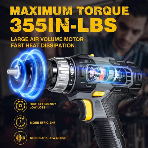 Cordless Drill Kit With 20V Power Half Inch Metal Chuck 355 InLb Torque 2Ah Battery And Fast Charger Variable Speed 22 Piece Bit Set
