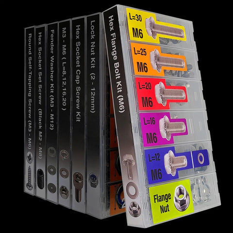 The Real Deal Metric Hex Flanged Bolt Assortment Kit 138 Piece M6 Nuts And Washers 304 Stainless Steel in organized storage boxes.