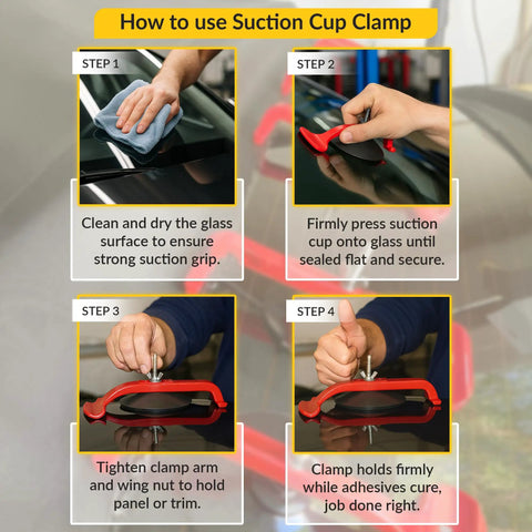 Step-by-step instructions on using Hands Free Suck N Clamp Adjustable Cup Clamps for windshield repair