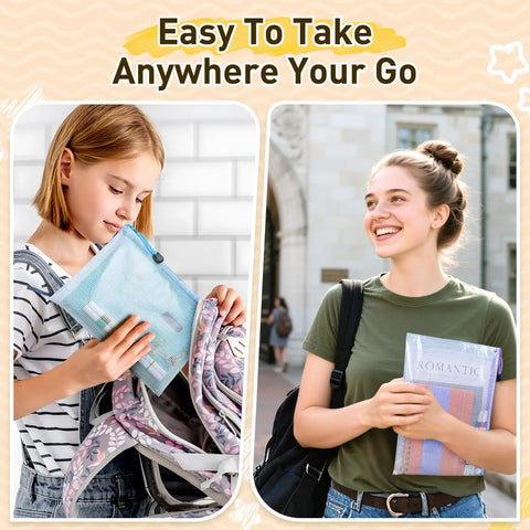 Two women using 26 Pack Mesh Zipper Pouch Bags With 8 Sizes And Colors Clear Waterproof Zippered Storage Pouches in different settings