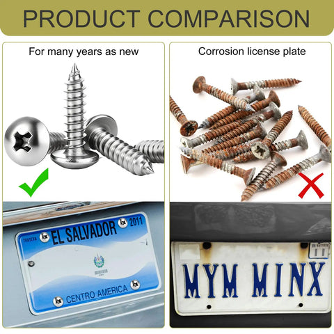 Top Shelf Heavy Duty License Plate Fastener Kit Featuring 20 Pcs Rust Resistant Stainless Steel Screws And No Sweat Nylon Screw Inserts Universal Car Truck Mount comparison of stainless screws and rusted screws